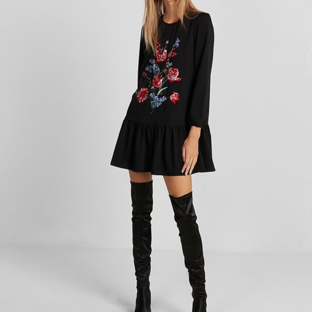 Express Black Floral Embroidered Dress
